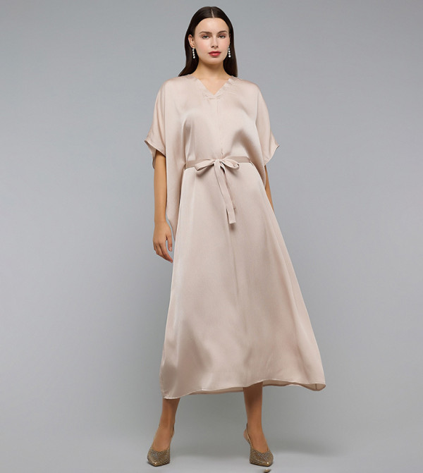 Belted Midi Dress with V-Neck and Kaftan Sleeves