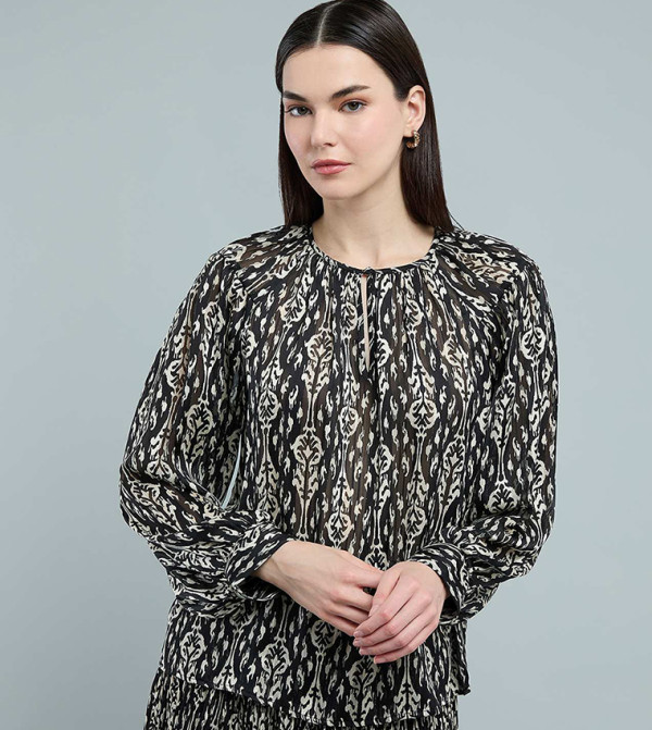 Patterned Top with Keyhole Neck and Long Sleeves