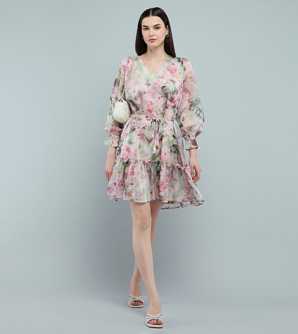 Floral Patterned Mini Dress with V-Neck and Long Sleeves