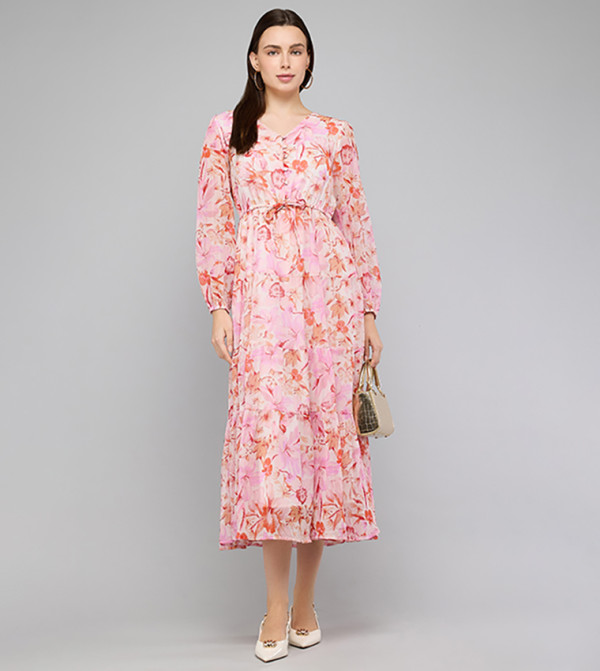 Floral Print Midi Dress with V-Neck and Puff Sleeves