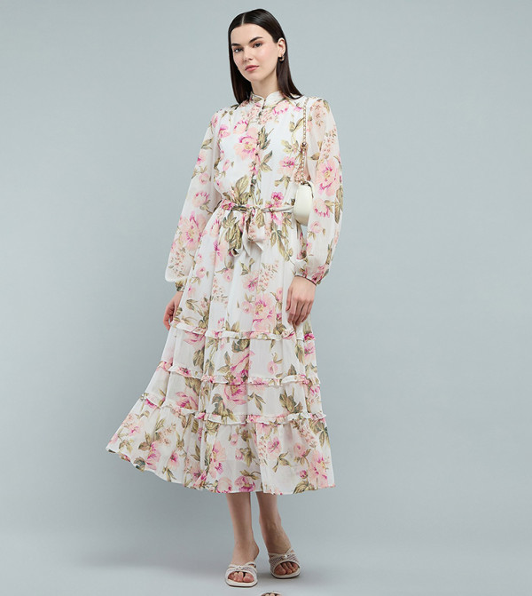 Floral Patterned Tiered Dress with High Neck and Bishop Sleeves