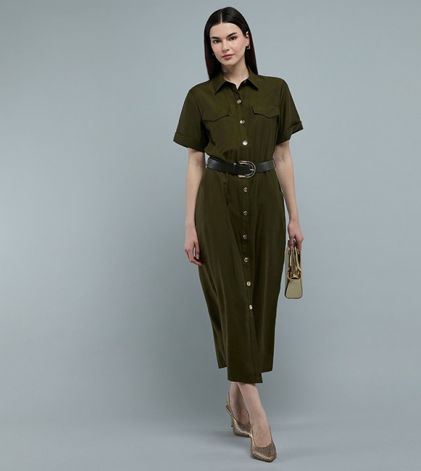 Solid Shirt Dress with Classic Collar and Short Sleeves