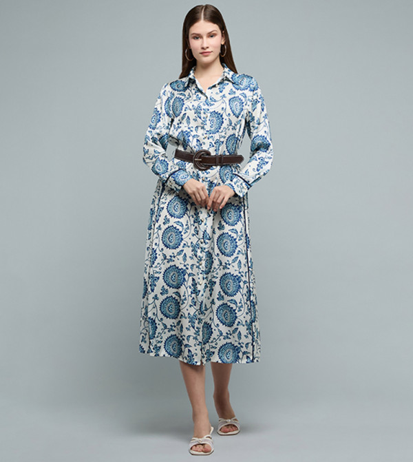 فستان قميص ساتان كم طويل بقبة كلاسيك وطبعة