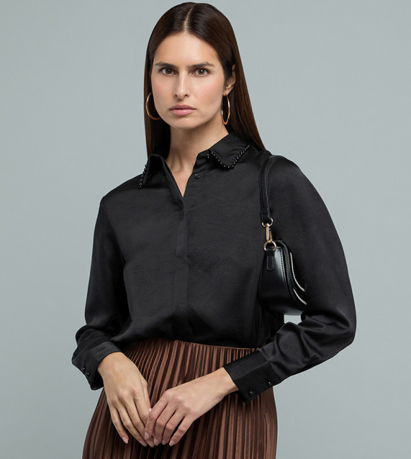 Textured Shirt with Classic Collar and Long Sleeves