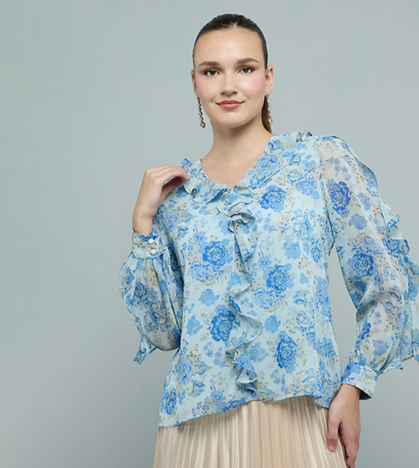 Floral Printed Top with V-Neck and Long Sleeves