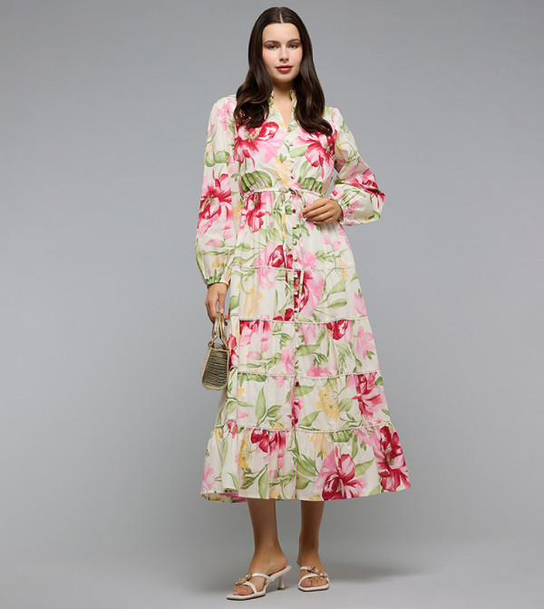 Floral Patterned Tiered Dress with Split Neck and Long Sleeves