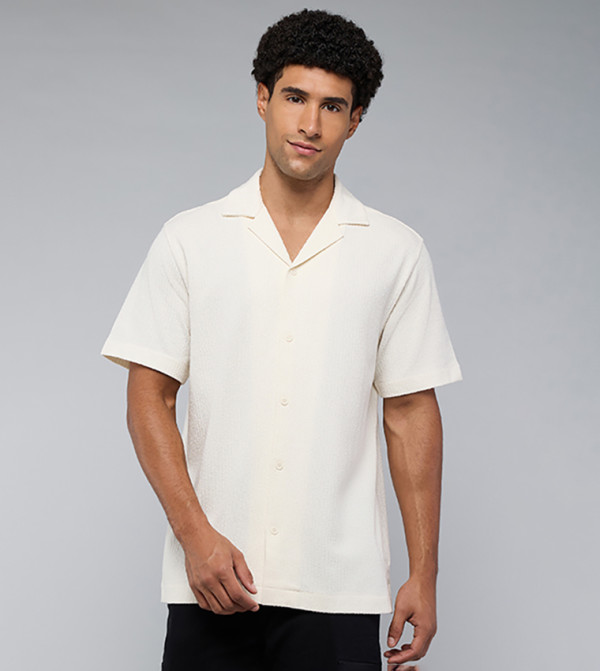 Textured Shirt with Revere Collar and Short Sleeves