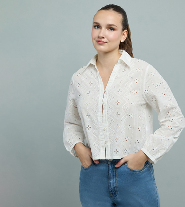 Schiffli Shirt with Classic Collar and Long Sleeves