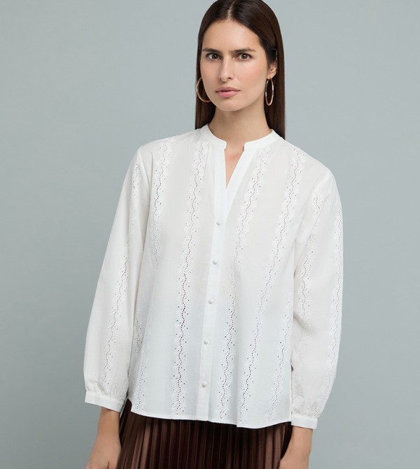 Schiffli Top with Split Neck and Long Sleeves