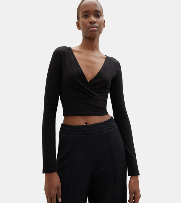 Solid Long Sleeves Wrap Top