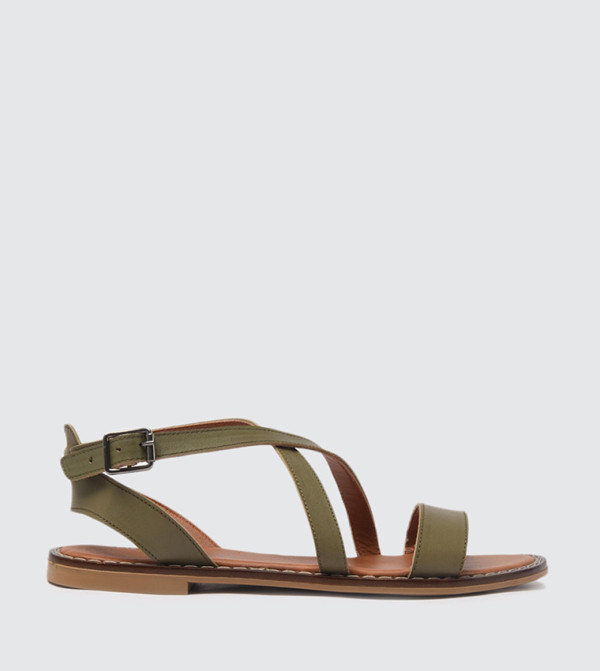 Suitcase Stripe Flat Sandals Red Maroon Leather