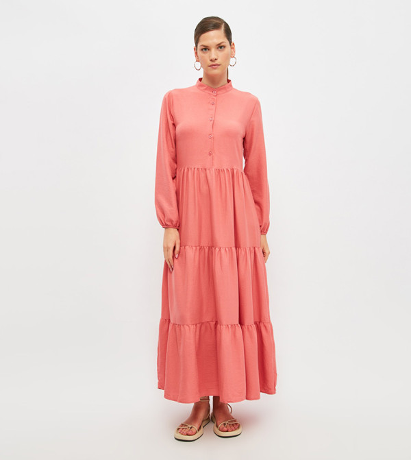 Women Beige & Orange Mandarin Collar Longline Shirt Dress