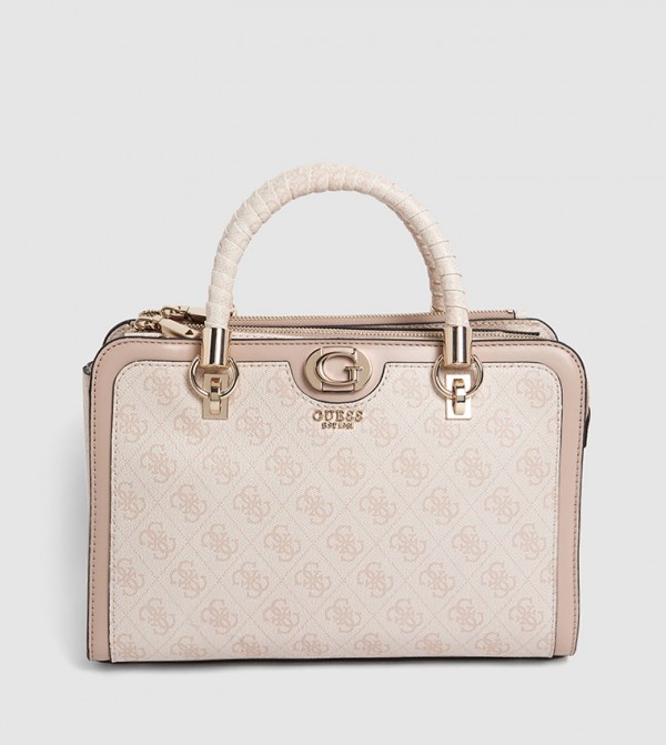 Logo Patterned Zippered Satchel Bag