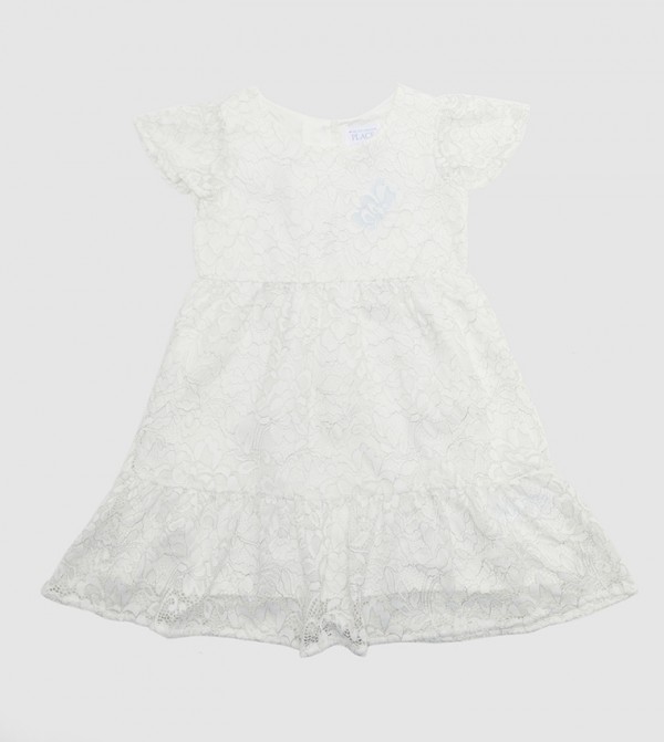 Girl's Short Sleeves Lace Woven Tiered Dress