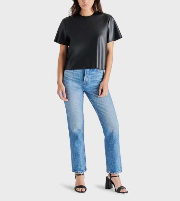 EZRA Short Sleeves Leather Look Top