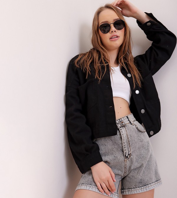 Oversized black clearance cropped denim jacket