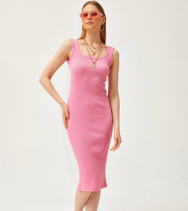 Buy Olalook Ribbed Thin Strap Lycra Midi Dress In Pink | 6thStreet Oman