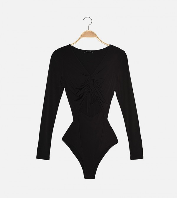 Buy Trendyol Puched Front Long Sleeve Knitted Bodysuit In Black