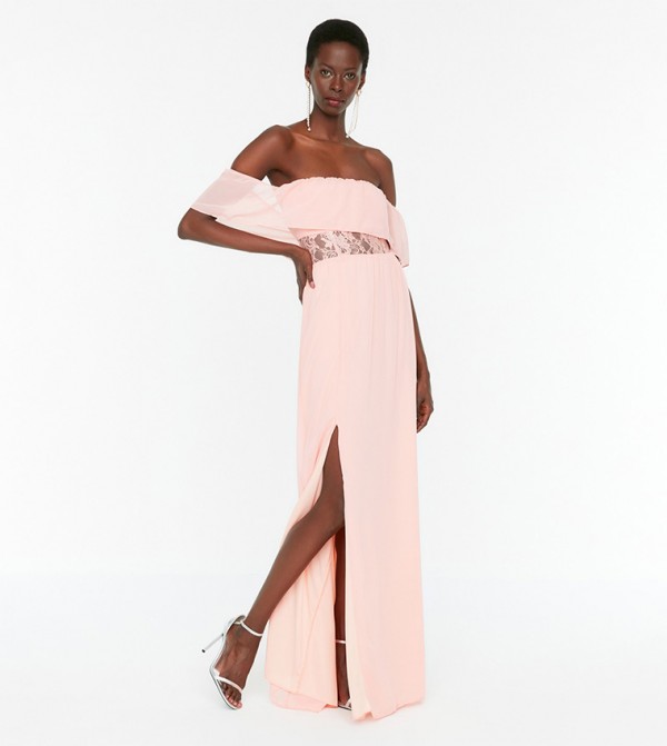 Buy Trendyol Off Shoulder Lace Evening Maxi Dress In Pink