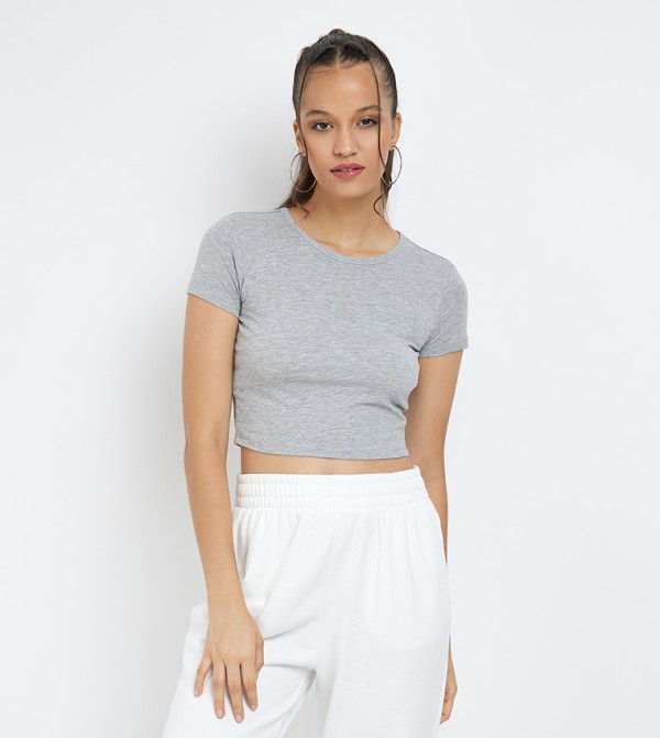 Solid Crew Neck Short Sleeves Cropped T-Shirt