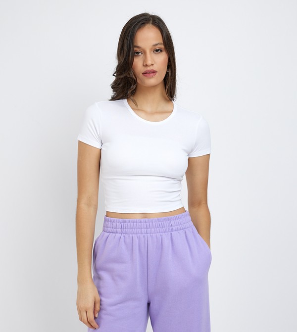 Solid Crew Neck Short Sleeves Cropped T-Shirt