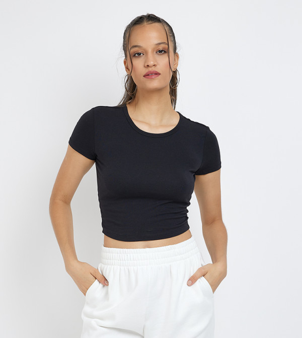 Solid Crew Neck Short Sleeves Cropped T-Shirt