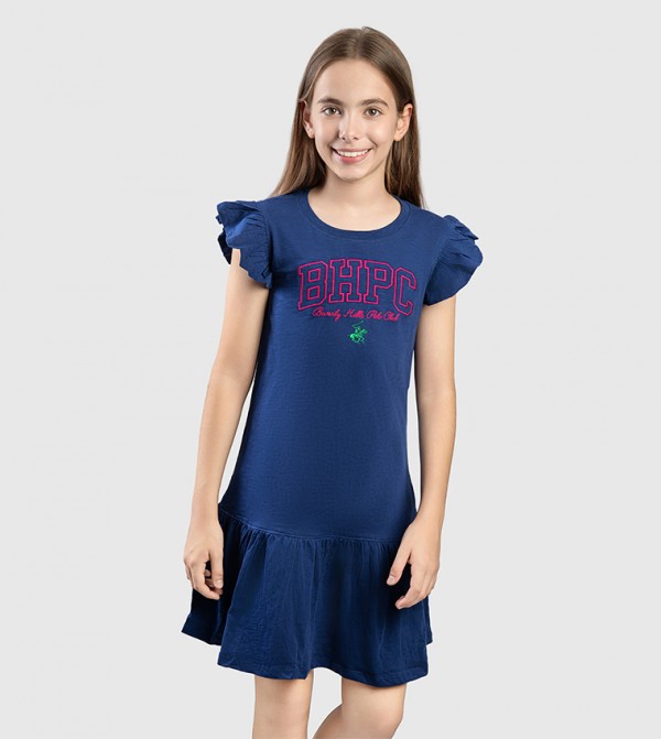 Logo Embroidered Ruffled Sleeves Mini Dress