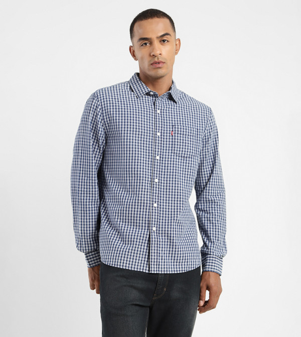 LEVI'S Classic Navy Blue Check Long Sleeve Cotton Shirt