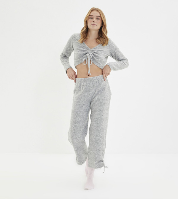 Buy Trendyol Shirred Detailed Night Suit In Grey | 6thStreet Kuwait