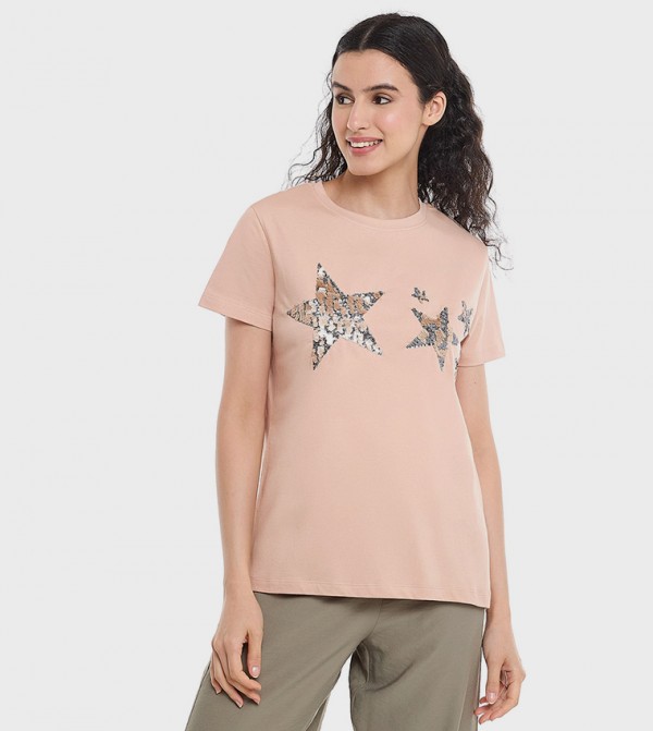 Sequined T-Shirt with Crew Neck and Short Sleeves