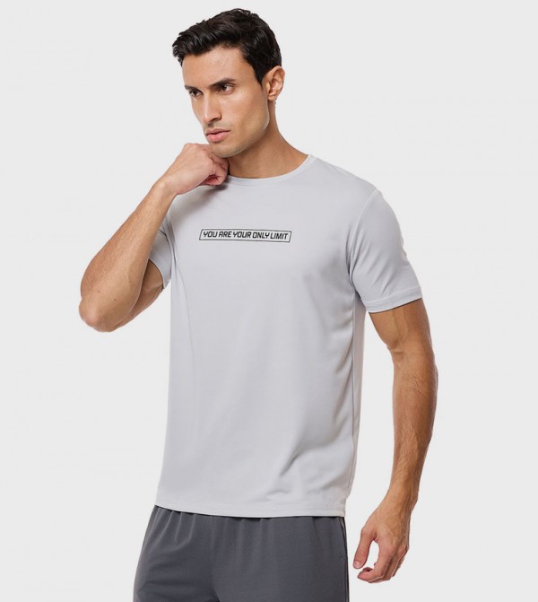 Typography Print Active T-Shirt with Crew Neck and Short Sleeves