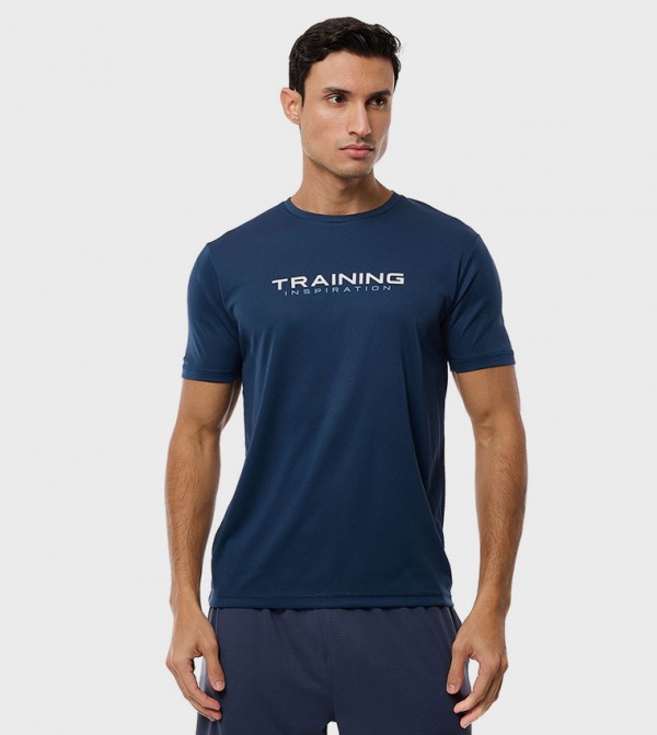 Typography Print Active T-Shirt with Crew Neck and Short Sleeves
