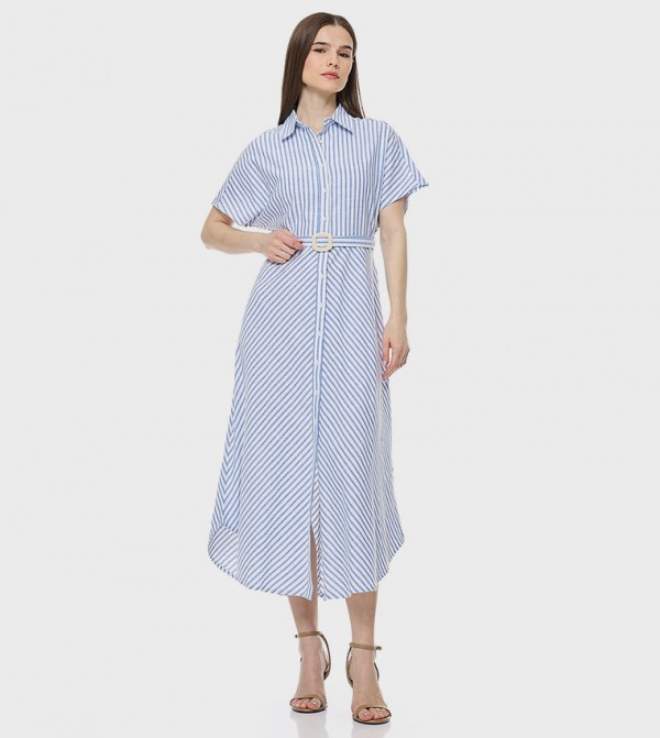 Striped Shirt Dress with Short Sleeves