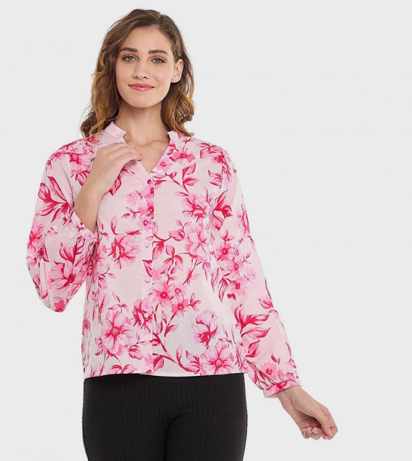 Floral Print Top with Stand Collar and Puff Sleeves