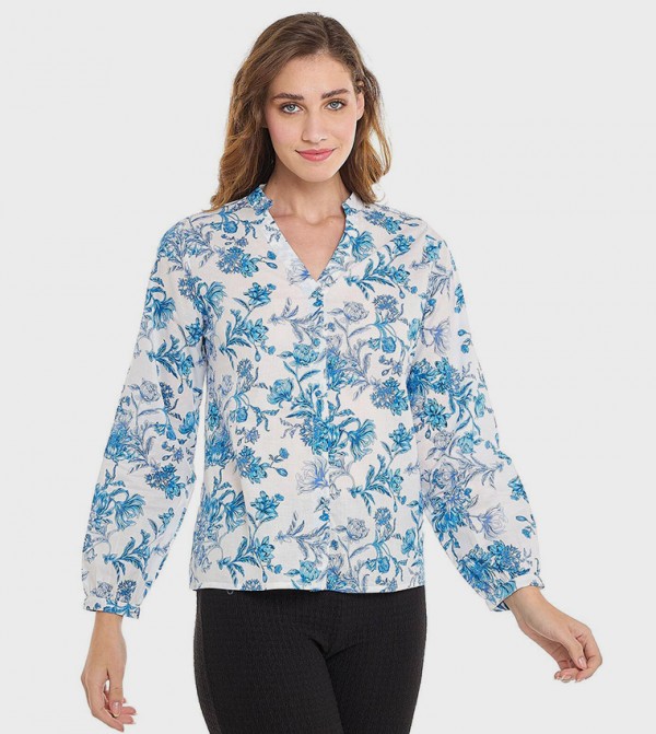 Floral Print Top with Stand Collar and Puff Sleeves