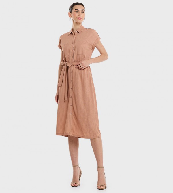 Textured Shirt Dress with Short Sleeves
