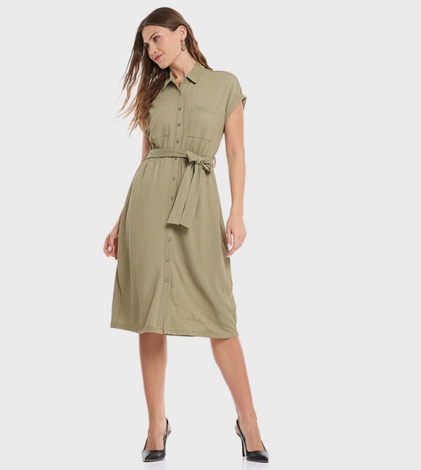 Textured Shirt Dress with Short Sleeves