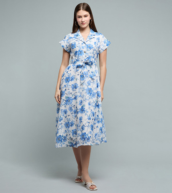 Floral Midi Dress with Revere Collar and Short Sleeves