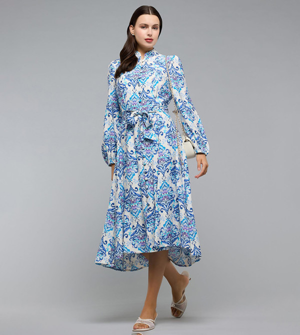 فستان ميدي بقبة واقفة وكم طويل 