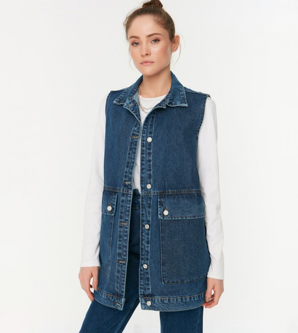 Buy Trendyol Shirt Collar Denim Vest Jacket In Blue 6thStreet Kuwait