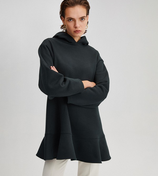 Buy Touch Long Sleeves Hooded Sweatshirt With Frilly Hem In Black