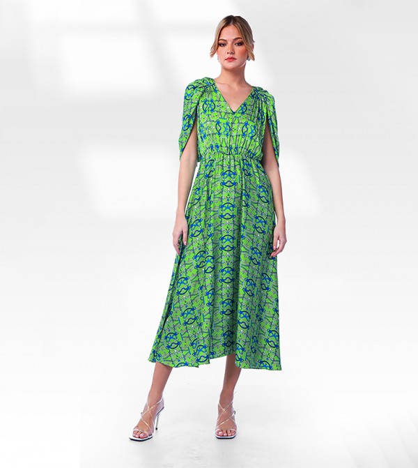 Printed Cape Sleeves Gathered Waist Dress