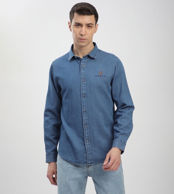 Logo Embroidered Long Sleeves Denim Shirt
