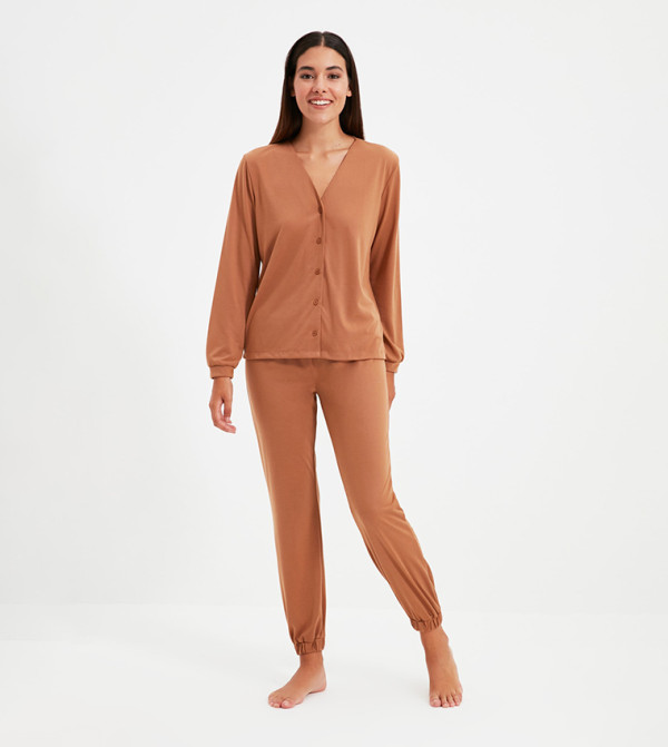 Buy Trendyol Relaxed Fit Night Suit In Beige | 6thStreet Qatar