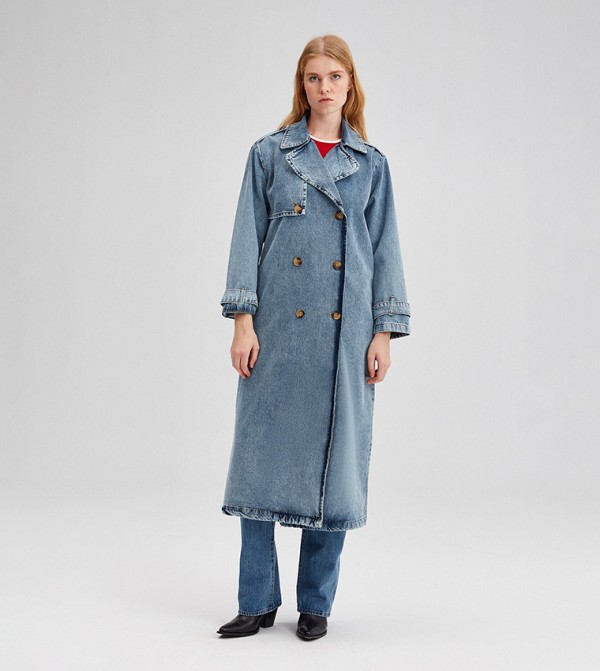 Women's long denim trench coat discount