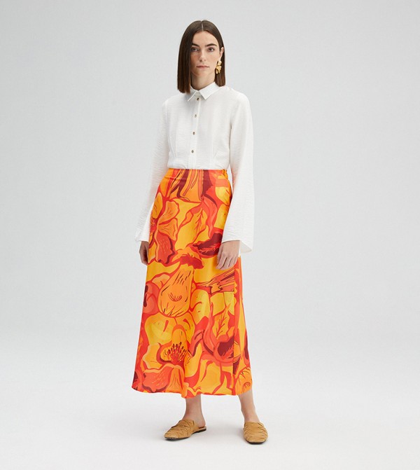 Buy Touch Patterned Elastic Waist Poplin Skirt In Orange