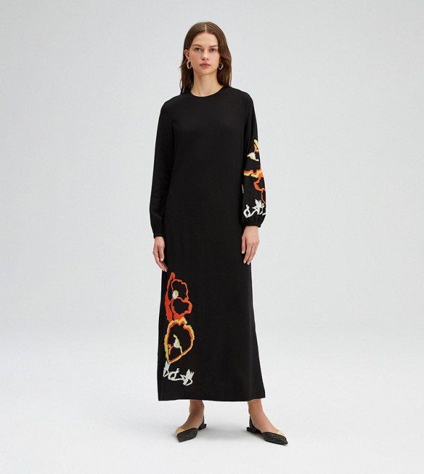 Buy Touch Embroidered Long Sleeves Viscose Maxi Dress in Black 6thStreet UAE