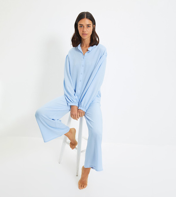 Buy Trendyol Basic Solid Night Suit In Blue | 6thStreet Qatar