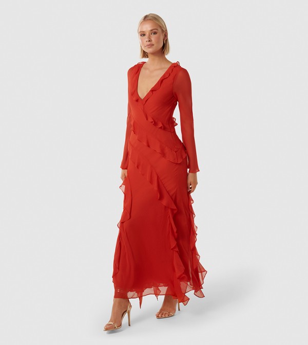 Buy Forever New Rosalyn Long Sleeve Frill Red Maxi Dress online