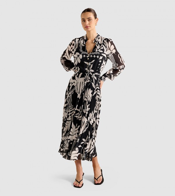 فستان ميدي بطبعة وأزرار أمامية أنابيل